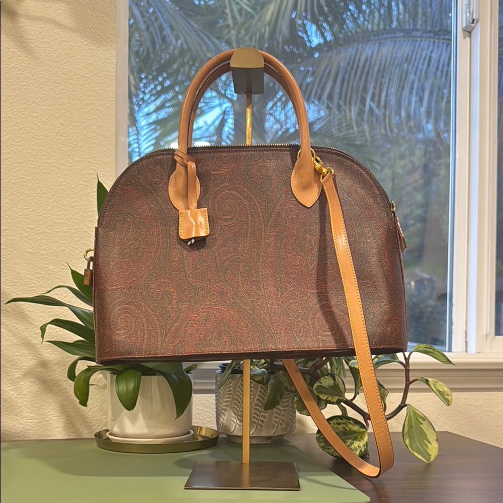 Etro Brown and Tan Dome Satchel with Gold Hardware - Picture 1 of 15